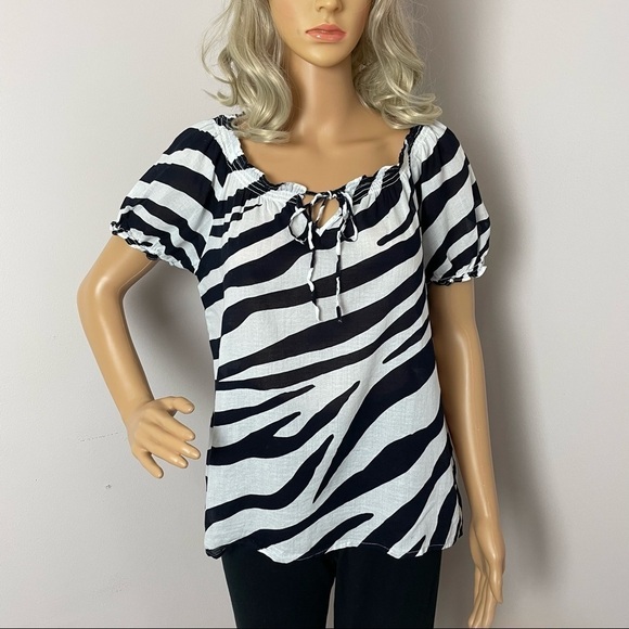 Loft Zebra Print Cotton Blouse Keyhole Tie Neck Size Medium - Picture 1 of 10